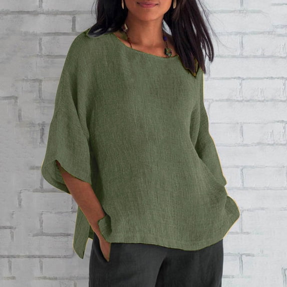 SELONE Oversized Linen Shirts for Women Short Sleeve Tops Blouses Regular Fit T Shirts Pullover Tees Tops Solid T-Shirts Crew Neck Tops Blouses Easy Care Soft Breathable Pullover Army Green XXXXXL