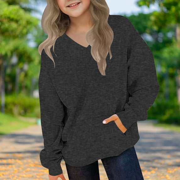 SELONE Oversized Sweatshirt Kids Long Sleeve Hooded Pullover Solid Fleece Tops Fall Winter Fashion Clothes with Pockets