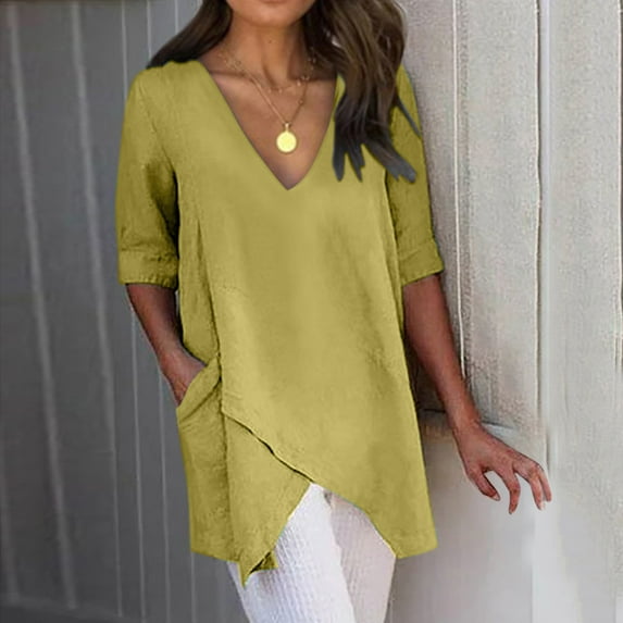 SELONE Oversized T Shirts for Women Half Sleeve Tops Blouses Regular Fit T Shirts Pullover Tees Tops Solid T-Shirts V Neck Tops Casual Blouses T Shirts Easy Care Soft Breathable Pullover Tops Yellow M
