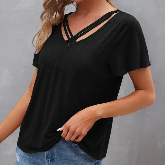 SELONE Oversized T Shirts for Women Plus Size Short Sleeve Tops Blouses Regular Fit T Shirts Pullover Tees Tops Solid T-Shirts V Neck Tops Blouses Ruffle Peplum T Shirts Breathable Pullover Black XXXL