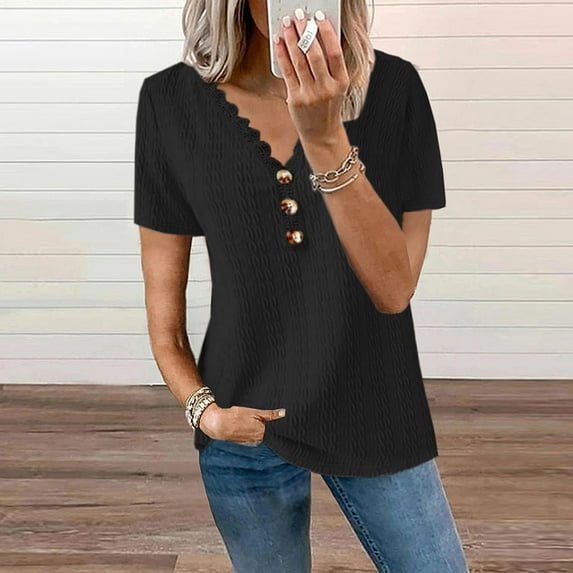 SELONE Oversized T Shirts for Women Short Sleeve Tops Blouses Regular Fit T Shirts Pullover Tees Tops Solid T-Shirts V Neck Tops Casual Blouses Easy Care Soft Breathable Pullover Tops Black XXL
