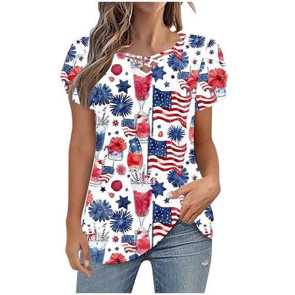 SELONE Oversized T Shirts for Women 4th of July Patriotic Graphic Pullover V Neck Short Sleeve Tops Summer Clothes