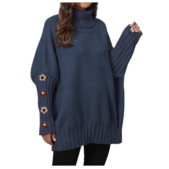 SELONE Oversized Turtleneck for Women Printed Plus Size Knitted Pullover Long Sleeve Sweaters Soild Underwear Blue Free Size