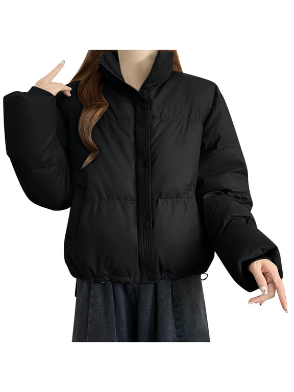 Packable Puffer Coat Women Cropped Drawstring Winter Jacket Zipper Long Sleeve Mock Neck Outerwear Soild Tops XL