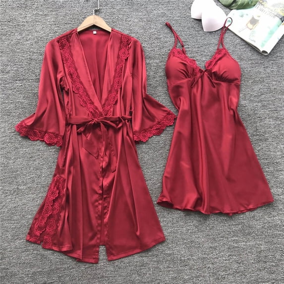 SELONE Pajama Sets for Women Soft Plus Size Lingerie Lace Sleeveless Suspender Fashion Solid Color Pajamas Dress Nightgown Home Clothes Suit for Valentines Day Anniversary Wedding Honeymoon Red XL