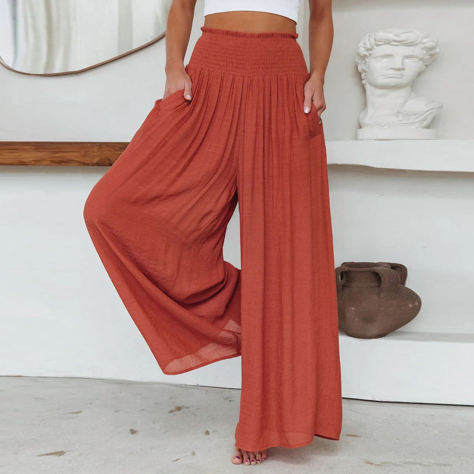 SELONE Palazzo Pants for Women High Waist Baggy Wide Leg Trendy Casual  Breathable Summer Stretchy Spring And Fashion Solid Color Loose Stretch  Outdoor
