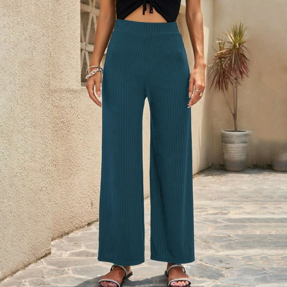 SELONE Palazzo Pants for Women Petite Baggy Wide Leg Trendy Casual Breathable Summer Stretchy Spring And Fashion Solid Color Loose Stretch Outdoor Pants for Everyday Wear Running Blue L