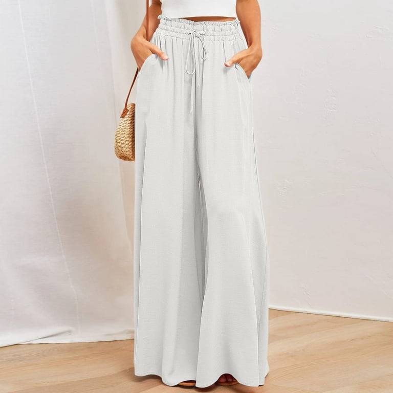 Selone Palazzo Pants for Women Petite Formal with Pockets Wide Leg Elastic Waist Casual Summer Long Pant Fashion Solid Button S for Everyday Wear