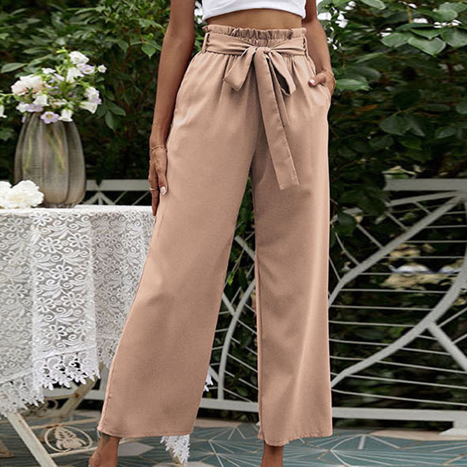 SELONE Palazzo Pants for Women Petite High Waist High Rise Wide Leg Trendy  Casual with Belted Long Pant Solid Color High-waist Loose Pants for