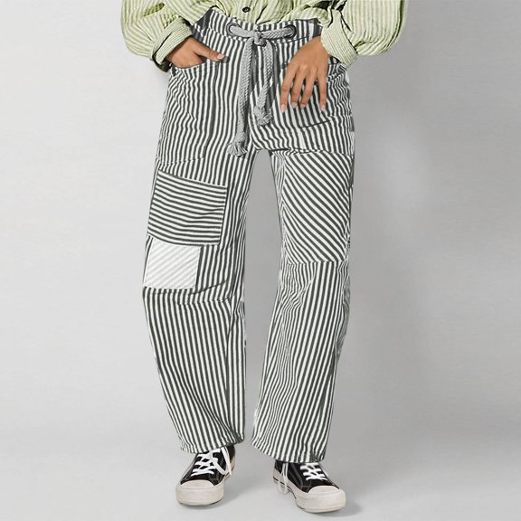 SELONE Palazzo Pants Women Plus Size Lounge Pants with Pockets Wide Leg Full Length Trouser Loose Casual Long Beach Pants Drawstring Striped Lightweight Blue L Tall Breathable Summer Clothes