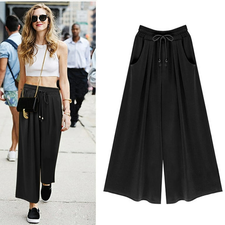 SELONE Palazzo Pants for Women Plus Size Petite High Waist High Rise Plus  Size Baggy Wide Leg Casual Long Pant Fashion Solid Color Split Loose  Mopping Long Pants for Everyday Wear Black
