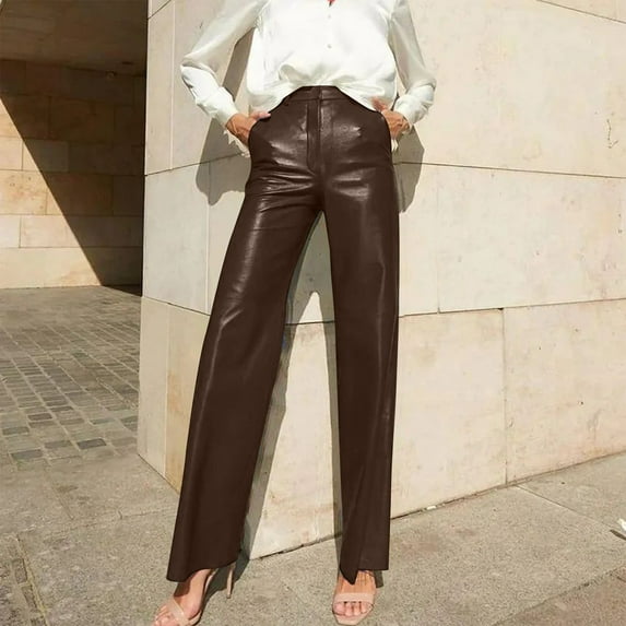 SELONE Pants for Women Leather Faux Brown High Waist Trousers with Pockets Full Length Lounge Pants Casual Long Trendy Pants Pull on Solid Straight Leg Lightweight Comfy M Summer Clothes