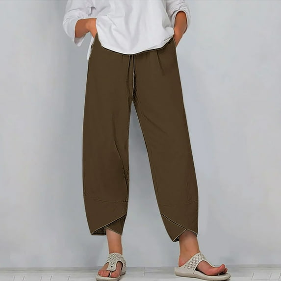 SELONE Pants for Women Plus Size Brown Mid Waist Lounge Pants Cropped Trouser Pants Loose Casual Beach Pants Pull on Solid Soft Straight Leg Lightweight Comfy 2XL Breathable Summer Clothes