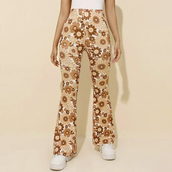 SELONE Pants for Women Plus Size High Waist High Rise Flared Casual Summer Printed Long Pant Pants for Everyday Wear Running Errands Going to Work Casual Event Brown XL