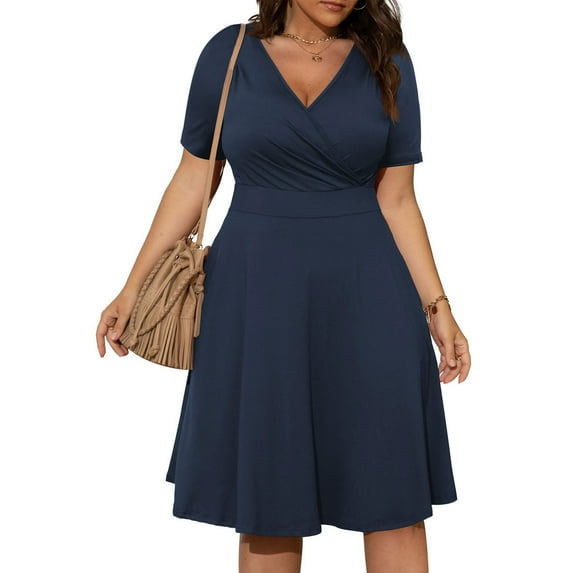 SELONE Party Dress for Women Plus Size Casual Boho Short Sleeve with Pockets V Neck Solid Swing Summer Dresses for Women Gift for Wedding Guest Evening Party Graduation Birthday Tea Party Dark Blue XL