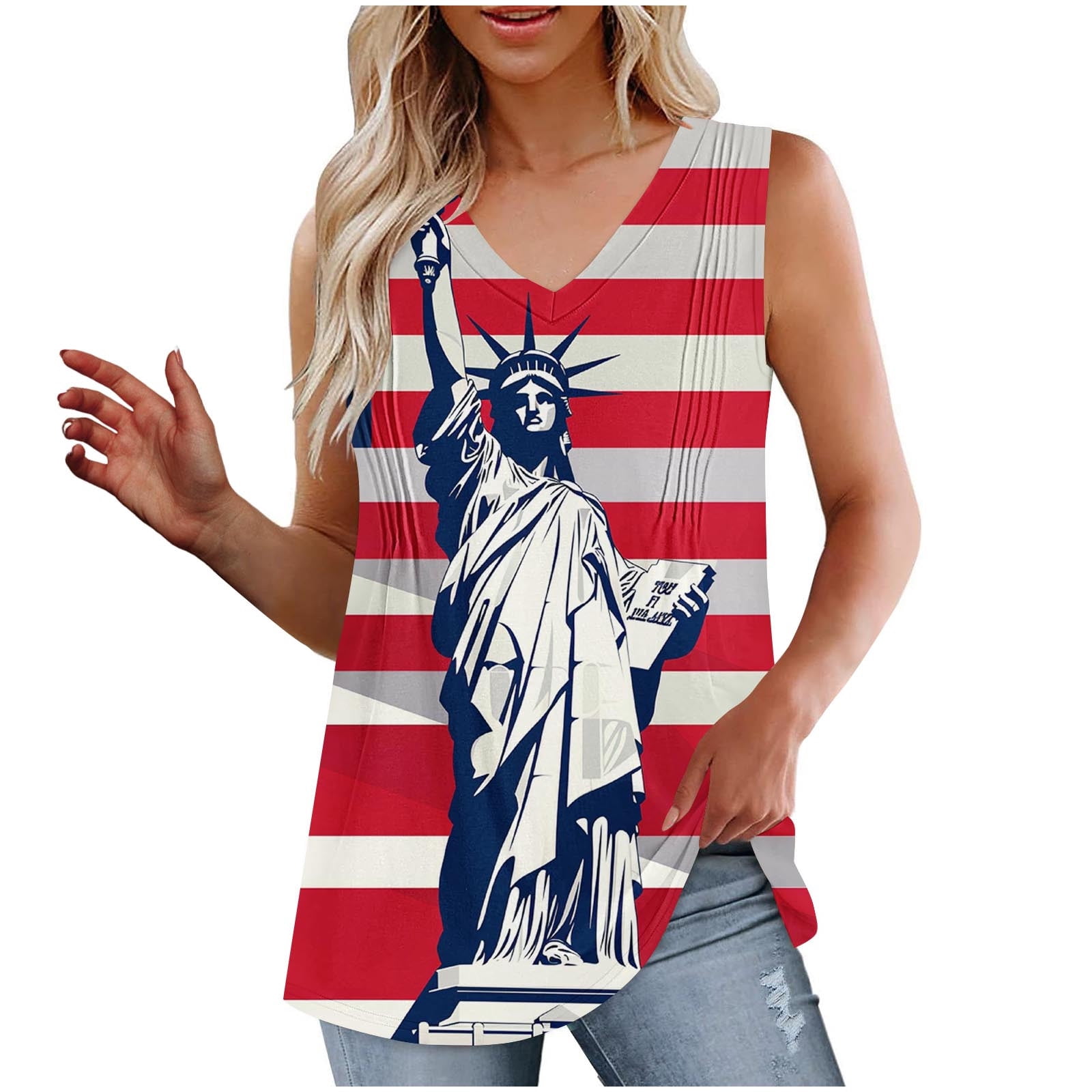 SODSHY Women's Patriotic Crop Tank Top - American Flag Print, Red White Blue, Cotton Blend, Regular Fit - View #11