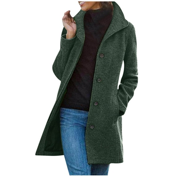 SELONE Pea Coats for Womens Long Sleeve Jacket Lapel Mid-Length Button Up Coat Loose Casual Solid Outerwear with Pockets Winter Overcoat Outwear Coat Clothes for Women Green M