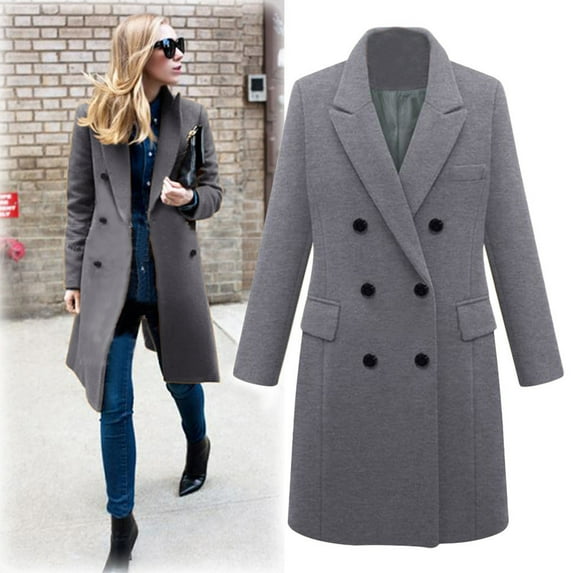 SELONE Peacoats for Women Long Sleeve Jacket Plus Size Lapel Mid-Length Button Up Double Breasted Coat Loose Fashionable Solid Outerwear with Pockets Winter Overcoat Outwear Coat Clothes Gray 3XL
