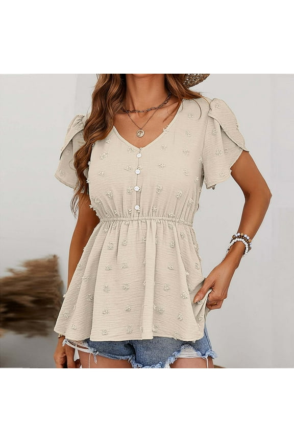 Peplum Tops for Women Dressy Short Sleeve Tops Blouses Regular Fit T Shirts Pullover Tees Tops Solid T-Shirts V Neck Tops Blouses Button Up Button Down T Shirts Breathable Pullover Beige S