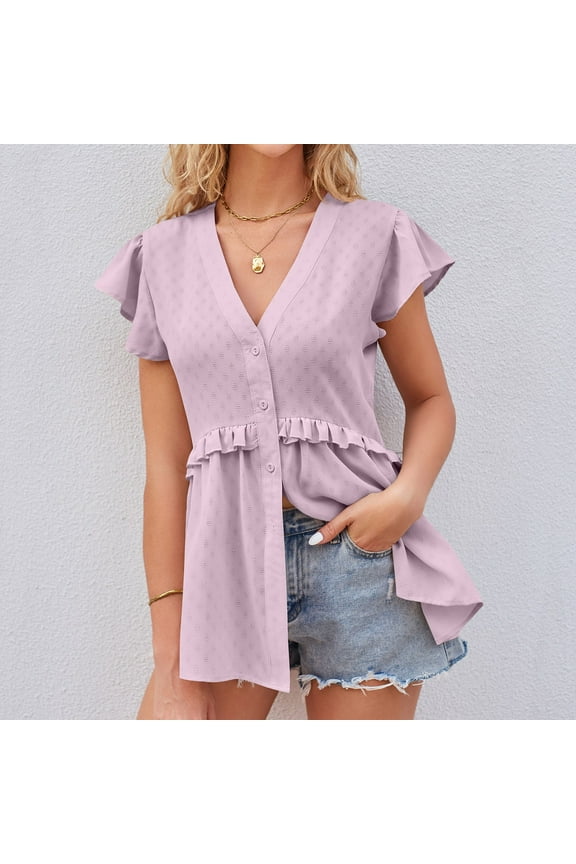 Peplum Tops for Women Dressy Summer Short Sleeve Tops Blouses Regular Fit T Shirts Petal Sleeve Pullover Tees Tops Solid T-Shirts V Neck Tops Blouses Hollow Lace Trim T Shirts Purple S