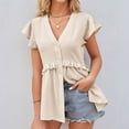 thumbnail image 1 of SELONE Peplum Tops for Women Ruffle Short Sleeve Tops Blouses Regular Fit T Shirts Petal Sleeve Pullover Tees Tops Solid T-Shirts V Neck Tops Blouses Hollow Lace Trim T Shirts Breathable Beige M, 1 of 6