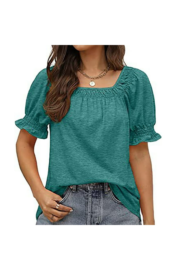 Peplum Tops for Women Short Sleeve Tops Blouses Regular Fit T Shirts Pullover Tees Tops Solid T-Shirts Square Neck Tops Casual Blouses T Shirts Easy Care Soft Breathable Pullover Tops Green L