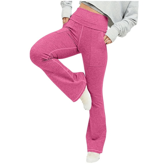 SELONE Pink Butt Lifting Leggings with Pockets Flare Leg Plus Size Workout Pants Elastic Waist Full Length Curvy Casual Long Bootcut Workout Pants for Work out Solid Yoga S Breathable Gym Clothes