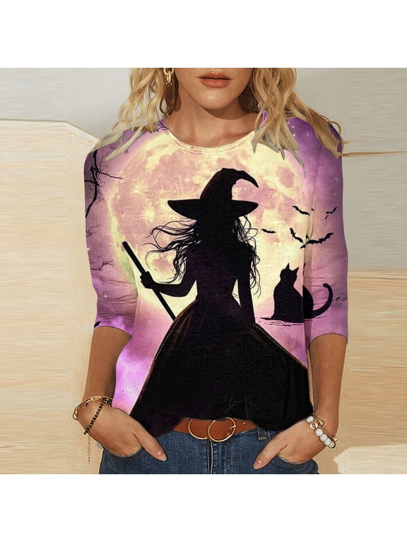 Pink Halloween Shirts for Women Crew Neck 3/4 Sleeve Tees Spooky Season Witch T Shirts Plus Size Fashion Tops