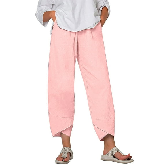 SELONE Pink Long Pants for Women Plus Size Mid Waist Lounge Pants Cropped Trouser Pants Loose Casual Beach Pants Pull on Solid Soft Straight Leg Lightweight Comfortable 5XL Breathable Summer Clothes