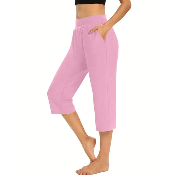 SELONE Pink Lounge Pants for Women Loose Fit Capri Plus Size Workout Pants with Pockets Elastic Waist Casual Workout Pants for Work out Pull on Solid Yoga Tapered Lightweight S Breathable Gym Clothes