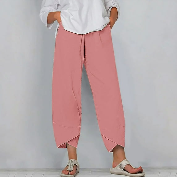 SELONE Pink Lounge Pants Women Mid Waist Plus Size Lounge Pants Cropped Trouser Pants Loose Casual Beach Pants Pull on Solid Soft Straight Leg Lightweight Comfy M Breathable Summer Clothes
