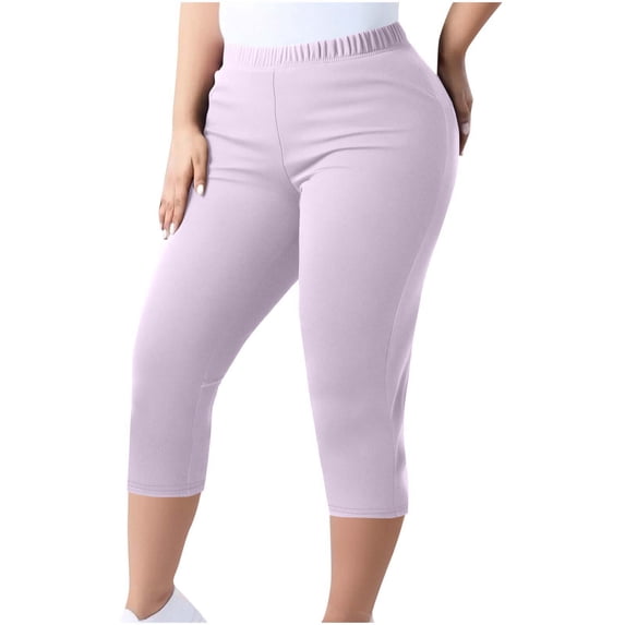 SELONE Pink Plus Size Capri Leggings Mid Waist Elastic Waist Curvy Slim Casual Workout Pants for Work out Pull on Solid Soft Yoga Lightweight Comfy L Breathable Gym Clothes