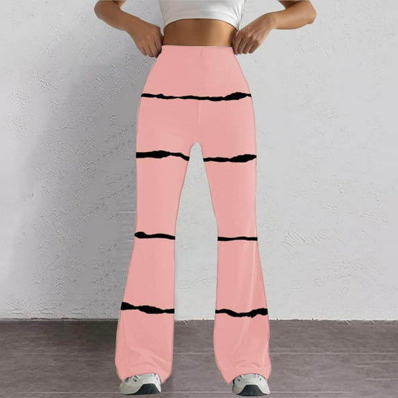 SELONE Pink Plus Size Yoga Pants for Women Flare Mid Waist Gym Leggings Full Length Summer Pants Curvy Casual Long Bootcut Vacation Pants Pull on Striped Lightweight Comfy XL Breathable Beach Pants