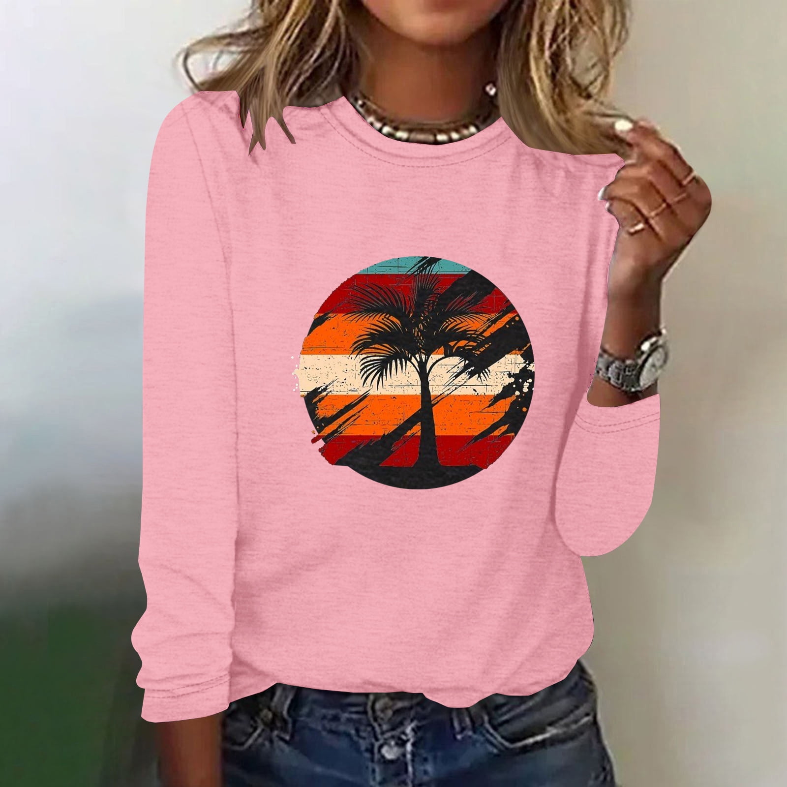 SELONE Pink T Shirts for Women Graphic Trendy Crew Neck Long Sleeve Tops Fashionable Blouses