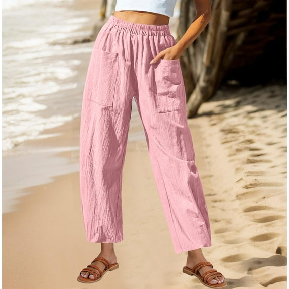 SELONE Pink Trouser Pants for Women Plus Size Lounge Pants with Pockets Cotton Linen Elastic Waist Cropped Trouser Casual Beach Pants Solid Tapered Lightweight XL Tall Breathable Summer Clothes