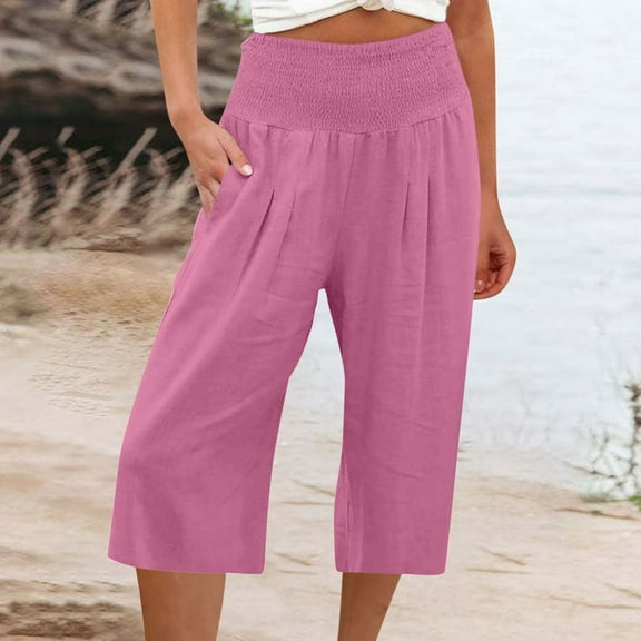 SELONE Pink Wide Leg Capris for Women High Waist Plus Size Lounge Pants Cotton Linen Wide Leg Trouser Pants Loose Casual Beach Pants Pull on Solid Lightweight Comfy 3XL Breathable Summer Clothes