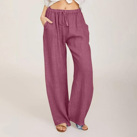 SELONE Pink Women Trouser Pants for Office Plus Size Lounge Pants with Pockets Cotton Linen Full Length Trouser Loose Long Beach Pants Drawstring Solid Straight M Tall Breathable Summer Clothes