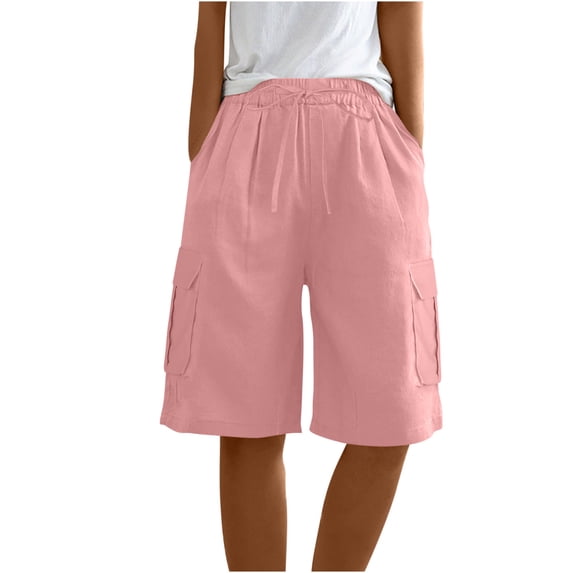 SELONE Pink Womens Loose Shorts with Pockets Mid Waist Plus Size Lounge Pants Cotton Linen Bermuda Trousers Casual Trendy Pants Drawstring Solid Lightweight Comfortable S Breathable Summer Clothes