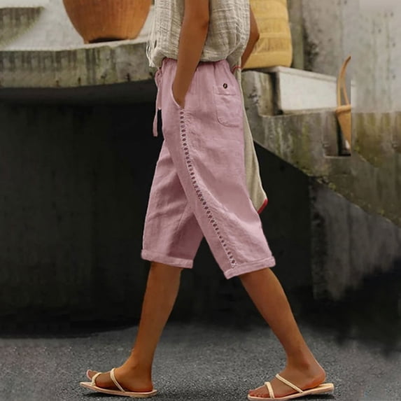 SELONE Pink Womens Shorts with Pockets Plus Size Lounge Pants Cotton Linen Lace Elastic Waist Bermuda Trousers Loose Casual Trendy Pants Pull on Solid Lightweight L Breathable Summer Clothes