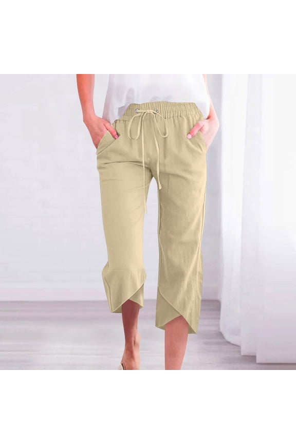 Plus Size Capris for Women Pockets Mid Waist Lounge Pants Cotton Linen Elastic Waist Trouser Loose Casual Beach Pants Drawstring Solid Straight Lightweight Khaki M Breathable Summer Clothes