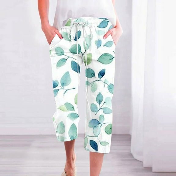 SELONE Plus Size Capris for Women Pull on Mid Waist Lounge Pants Trouser Pants Loose Casual Beach Pants Drawstring Flowers Straight Leg Lightweight Comfortable Multicolor L Breathable Summer Clothes