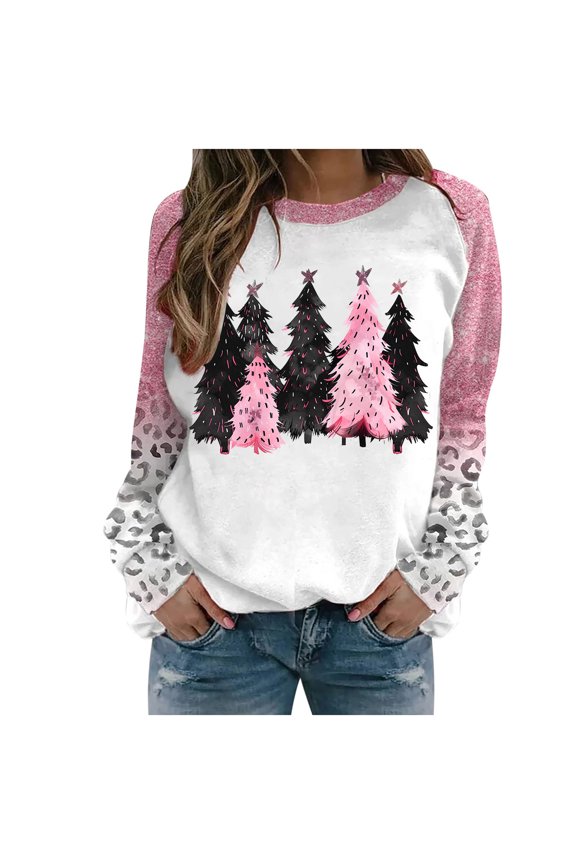 Plus Size Christmas Tops for Women Long Sleeve Rund Neck Printed Tops Sweatshirts Pink S