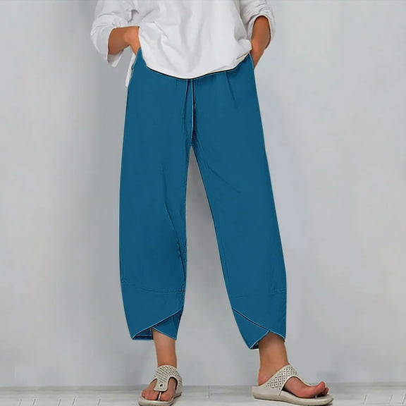 SELONE Plus Size Dress Pants Women Mid Waist Lounge Pants Cropped Trouser Pants Loose Casual Beach Pants Pull on Solid Soft Straight Leg Lightweight Comfortable Blue 4XL Breathable Summer Clothes
