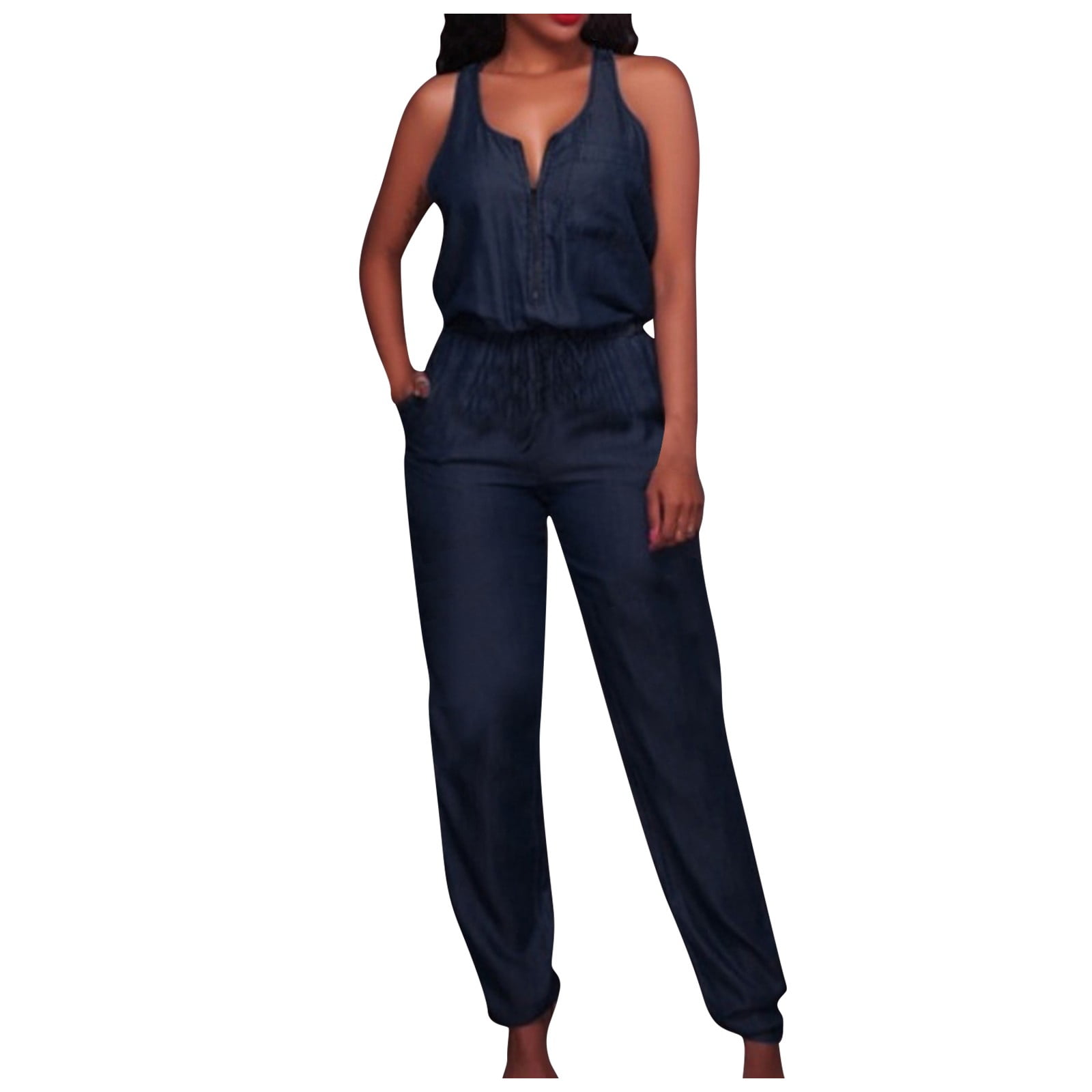 SELONE Plus Size Jumpsuits for Women Casual Denim Jean Pants Sleeveless Ladies  Travel Comfortable 2023 Vacation Fancy Jumpsuits for Women Cute Rompers for Women  Casual Jumpsuits V Neck Zipper Navy M 