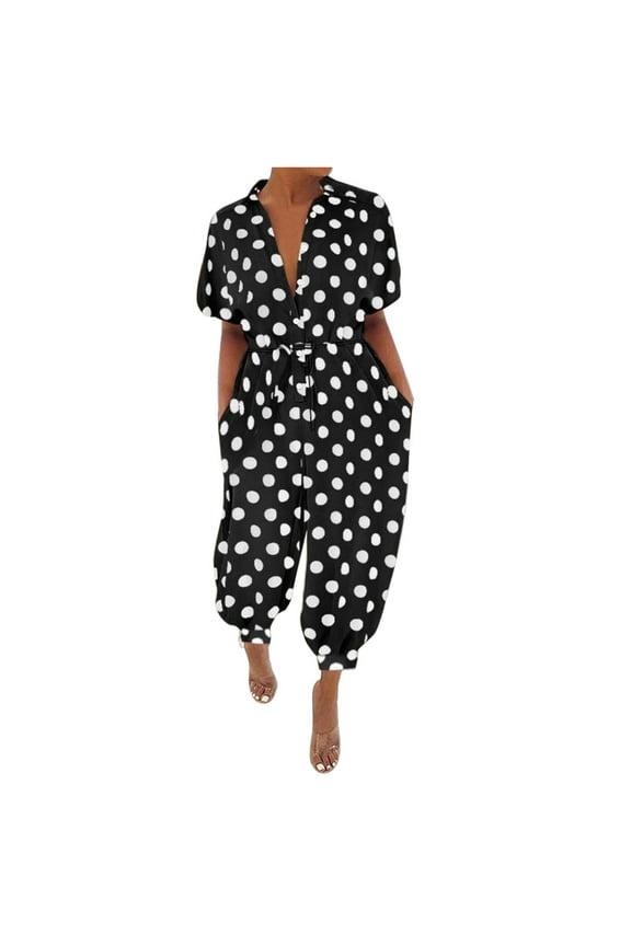 Plus Size Jumpsuits for Women Casual Fancy Long Pant Ladies Travel Comfortable Vacation Flowy Rompers Womens Jumpers and Rompers Casual Short Sleeve Wave Point Printing Buttons Black XXXXL