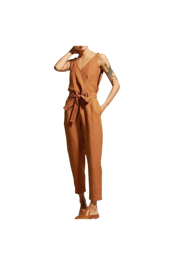 One Piece Jumpsuits for Women Casual Linen Summer Long Pant Ladies Travel Comfortable Vacation Jumpers and Rompers Casual Fashion Solid Color V Neck Lace Cotton and Linen Brown L