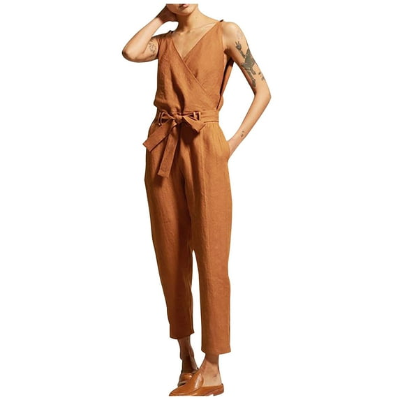 SELONE One Piece Jumpsuits for Women Casual Linen Summer Long Pant Ladies Travel Comfortable Vacation Jumpers and Rompers Casual Fashion Solid Color V Neck Lace Cotton and Linen Brown L