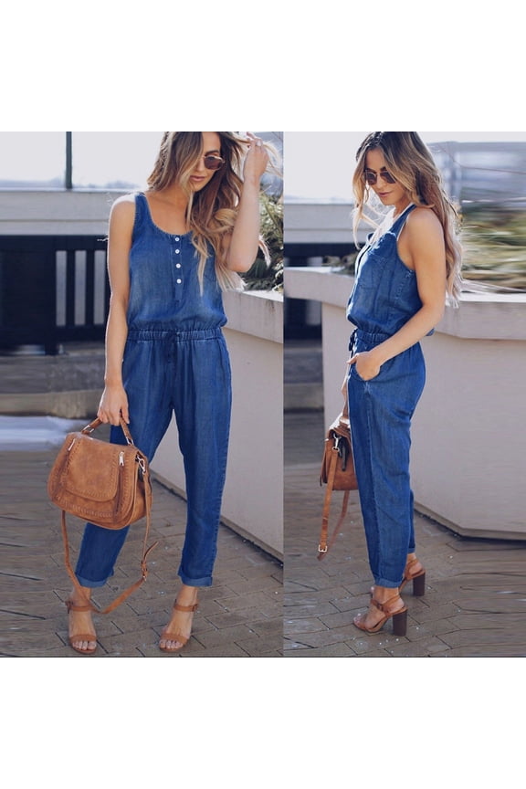 Plus Size Jumpsuits for Women Denim Jean Long Pant Sleeveless Ladies Travel Comfortable Vacation Fancy Jumpsuits for Women Cute Rompers for Women Casual Jumpsuits for Women Dark Blue L
