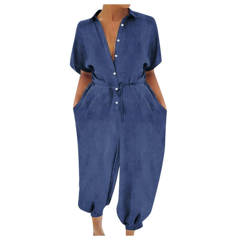 SELONE Plus Size Jumpsuits for Women Plus Size Denim Jean Loose Fit Pants  Ladies Travel Comfortable 2023 Vacation Flowy Rompers Cute Rompers for Women  Casual Jumpsuits Short Sleeve Dark Blue XXL 