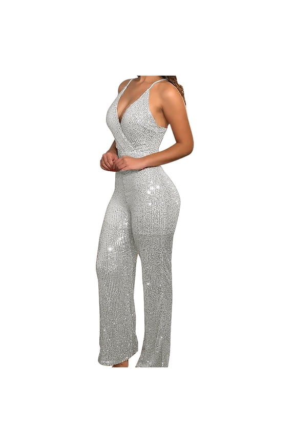 Plus Size Jumpsuits for Women Glitter Sequin Suspender Pants Sparkly Sleeveless Ladies Travel Comfortable Vacation Flowy Rompers Cute Rompers for Women Casual Jumpsuits for Women Silver M